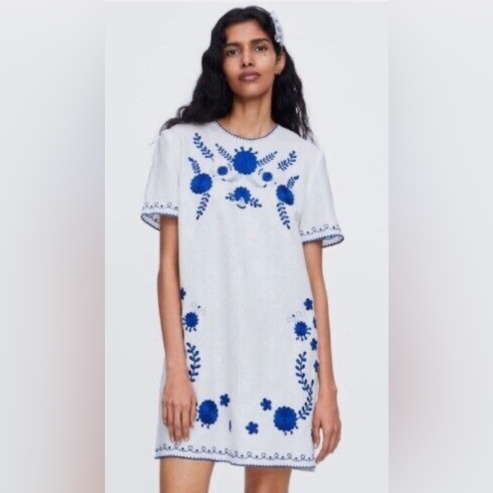 Zara Linen Floral Embroidered Tunic in White with Blue Size S